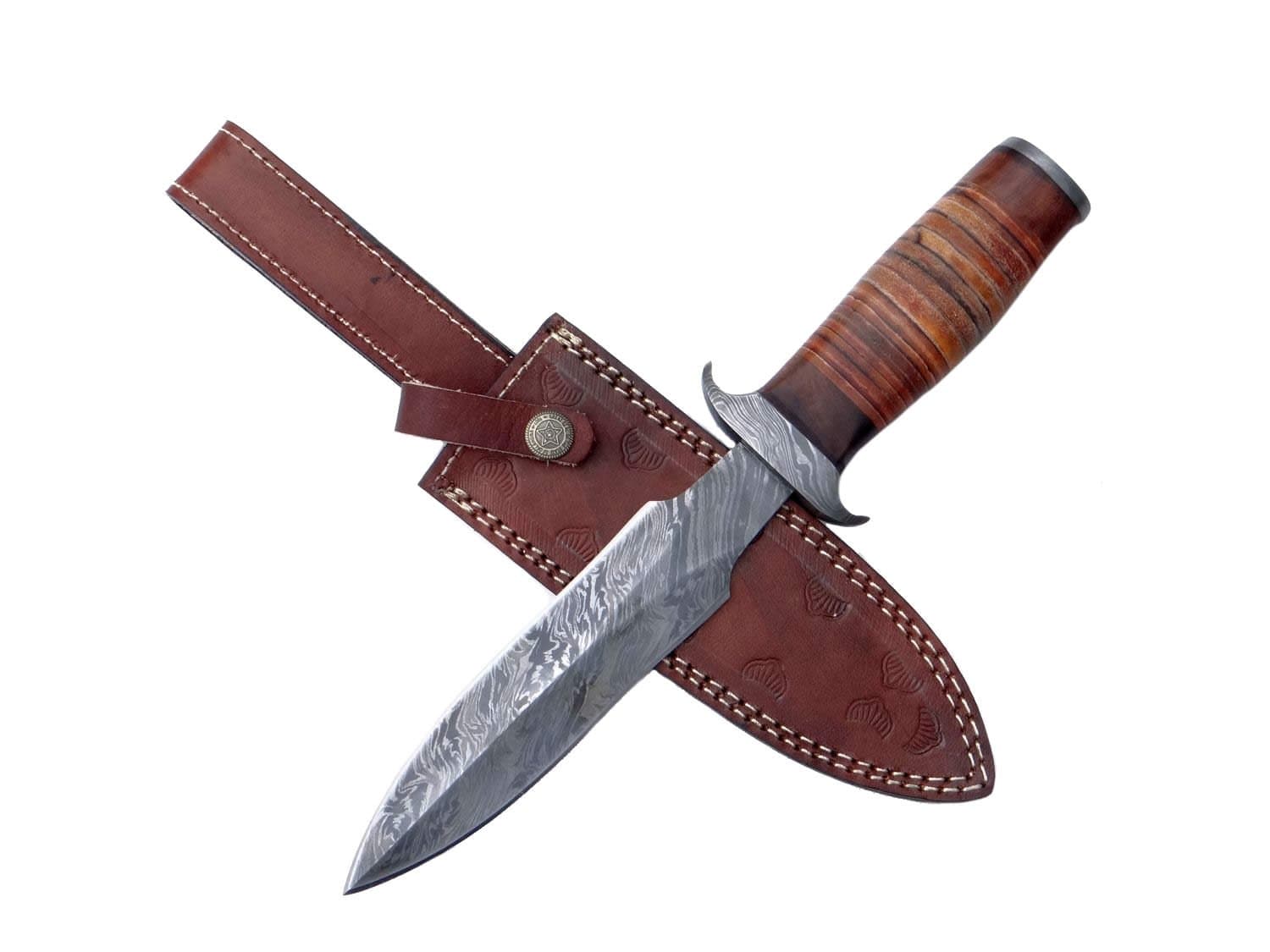 Custom Handmade Dagger Knife Damascus Steel Guard & Pomel With Stack Leather 12"