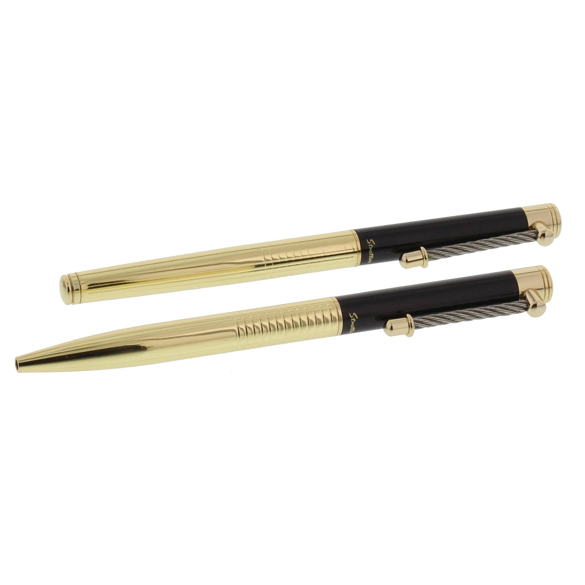 Stratton Roller Ball & Biro Pen Set - Black and Gold Plated Boxed Gift