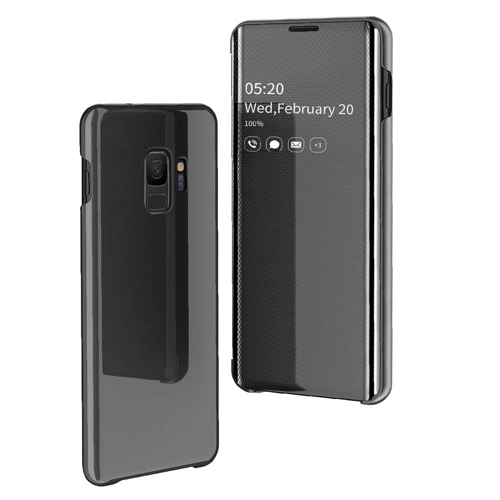 Case for Samsung Galaxy S9, Mirror Smart Clear View Flip Back Case PU Leather PC Backcover Ultra Thin Slim Shockproof Full Body Protection Makeup Plating Cover - Black