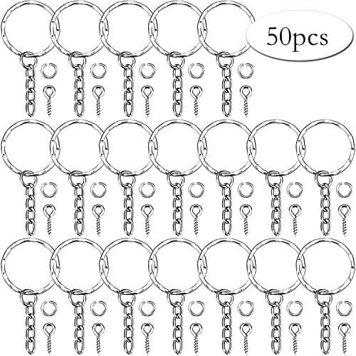 RXBC2011 50 Pieces Key Ring Key Chain Rings Split Keyrings with Link Chain 50 Pieces Open Jump Rings and 50 Pieces Screw Eye Pins for Crafts 25 mm Diameter