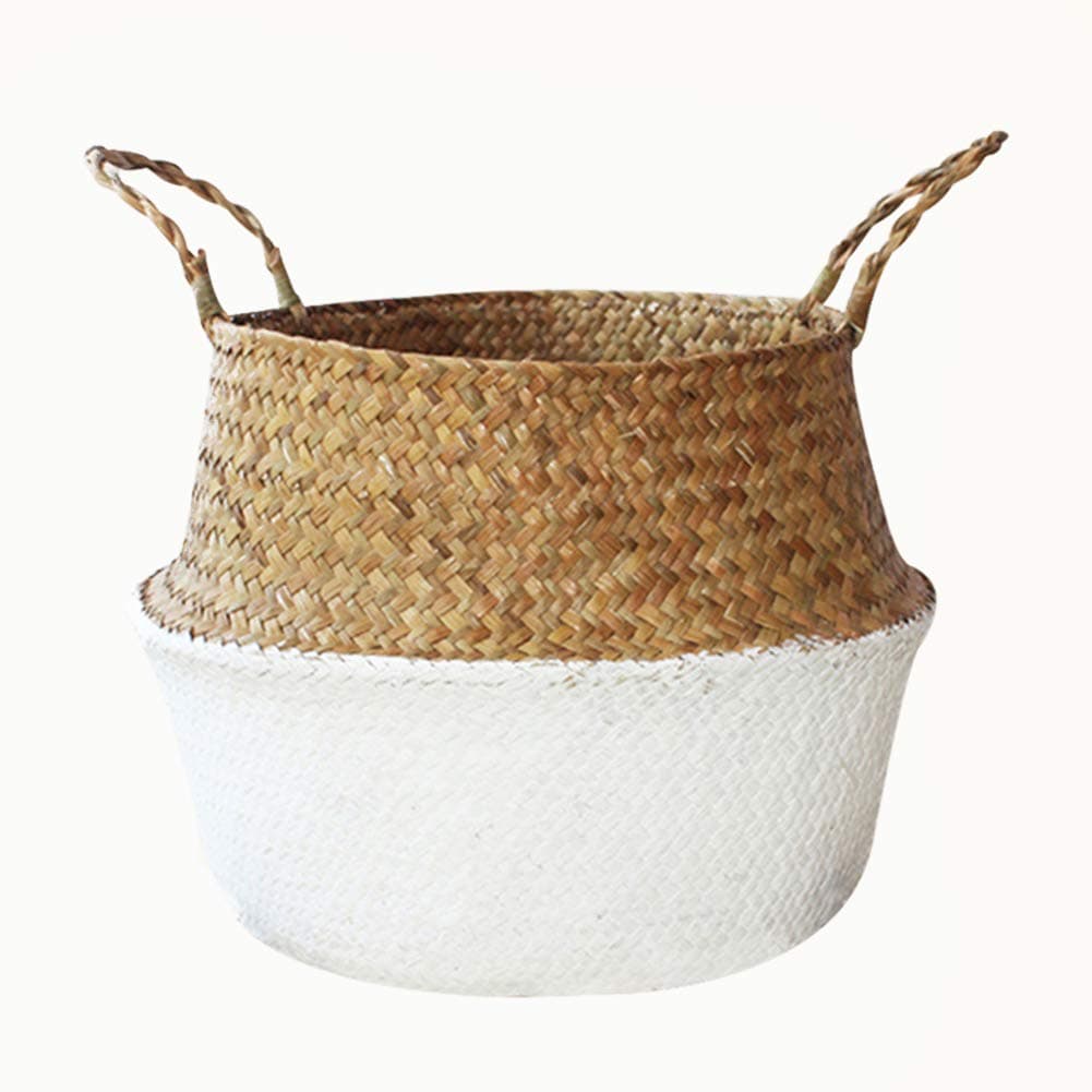UNKC Seagrass Belly Basket with Double Handle, Yellow & White Home & Garden Decor Basket, Excellent Basket for Plant Pot Laundry, Toys, Nursery, Picnic, Fishing