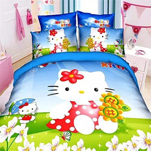 3d hello kitty girls bedding set 2/3pcs twin/single size duvet cover bed sheet pillow case bed linen set/pink (twin, blue)