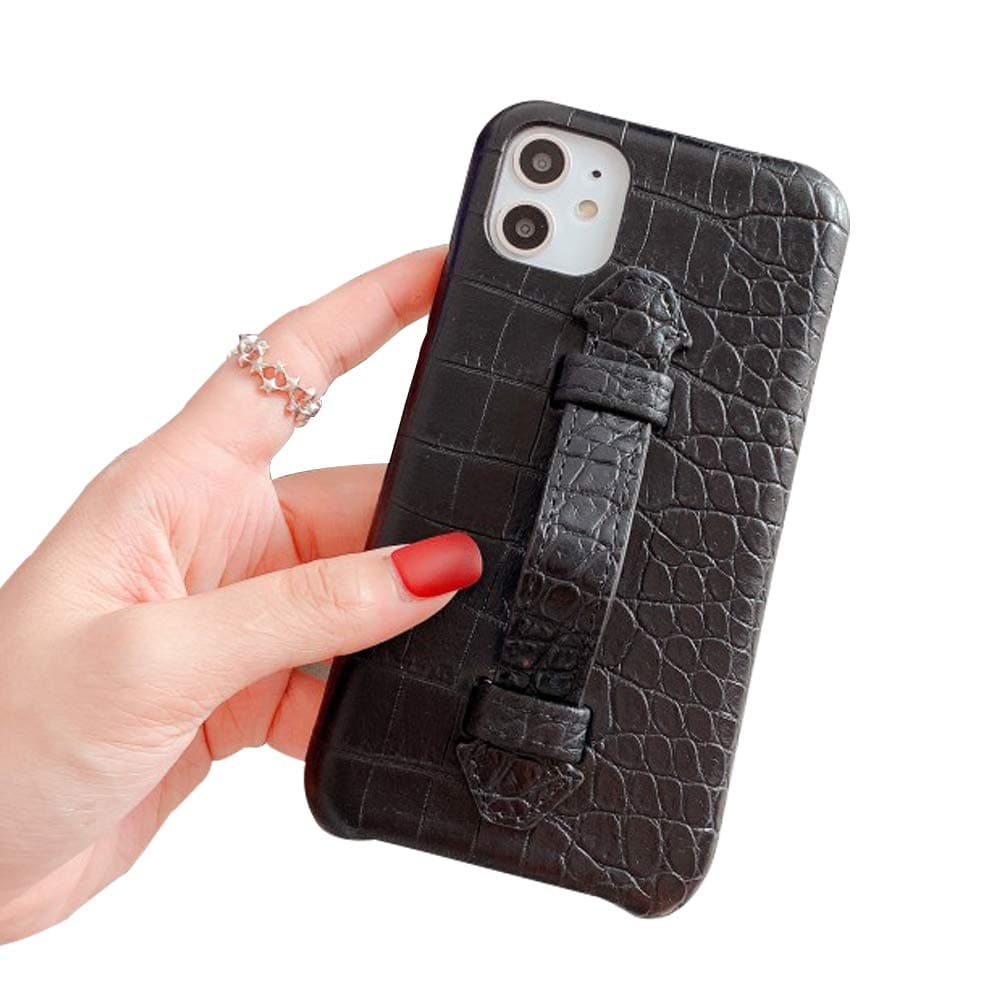 QYAYQ Case Leather Texture for iPhone 11/11 Pro/11 Pro Max with Finger Strap Scratch-Resistant Shockproof Slim Kickstand Phone Case,Black,11 PRO