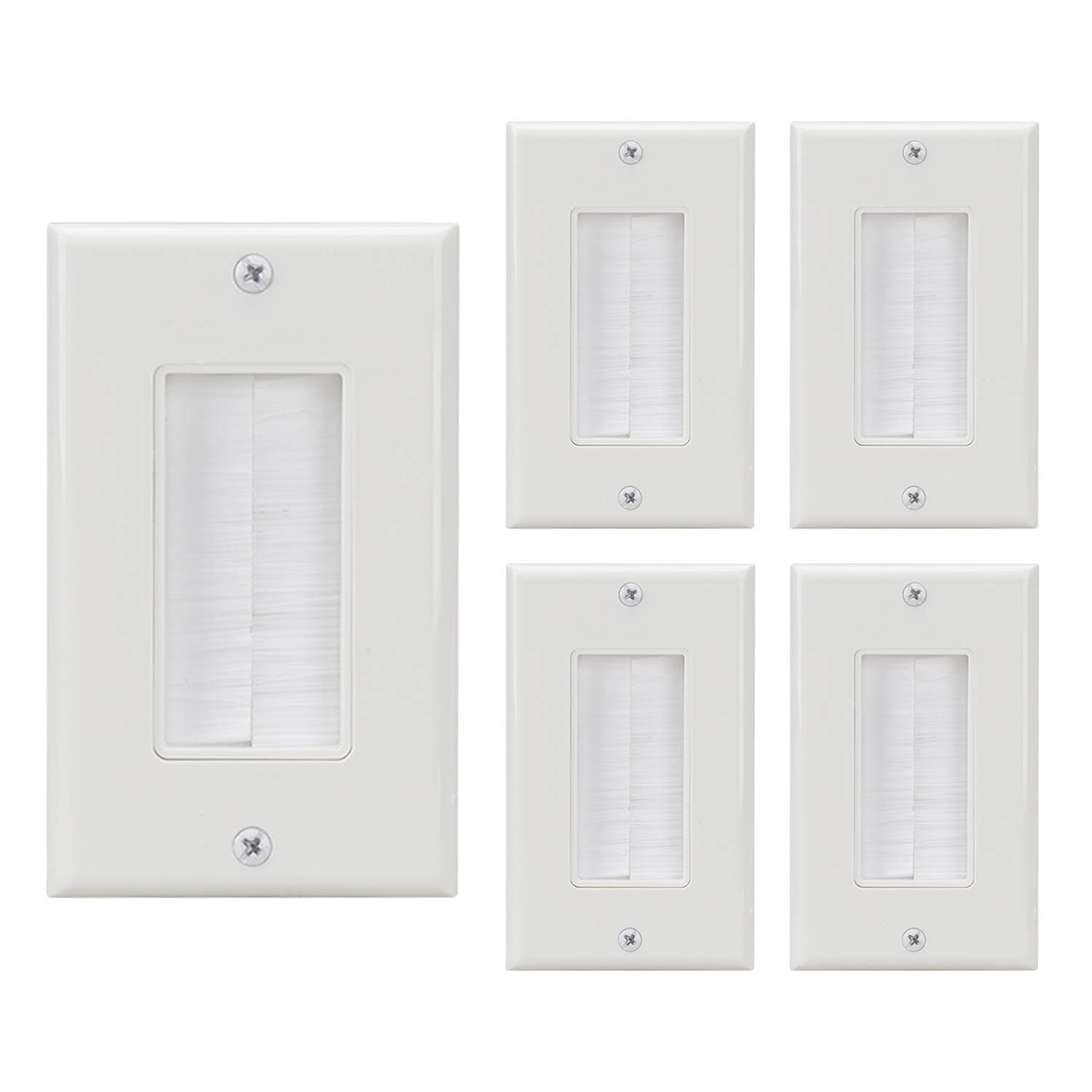 Brush Wall Plate 5Pack, Decora Anti-dust Cable Cover Brush Style Opening Passthrough in-Wall Installation for Speaker Wires,Coaxial Cables, HDTV HDMI Home Theater Systems …