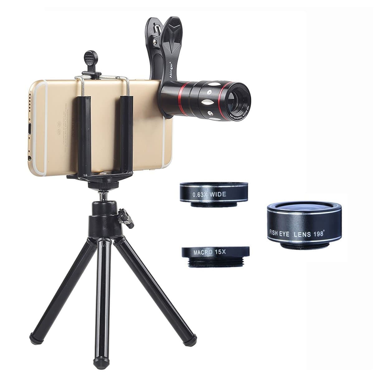 Akinger Universal Clip-on Phone Camera Lenses Kit for iPhone and Other Smartphone (4 in 1 (Black))