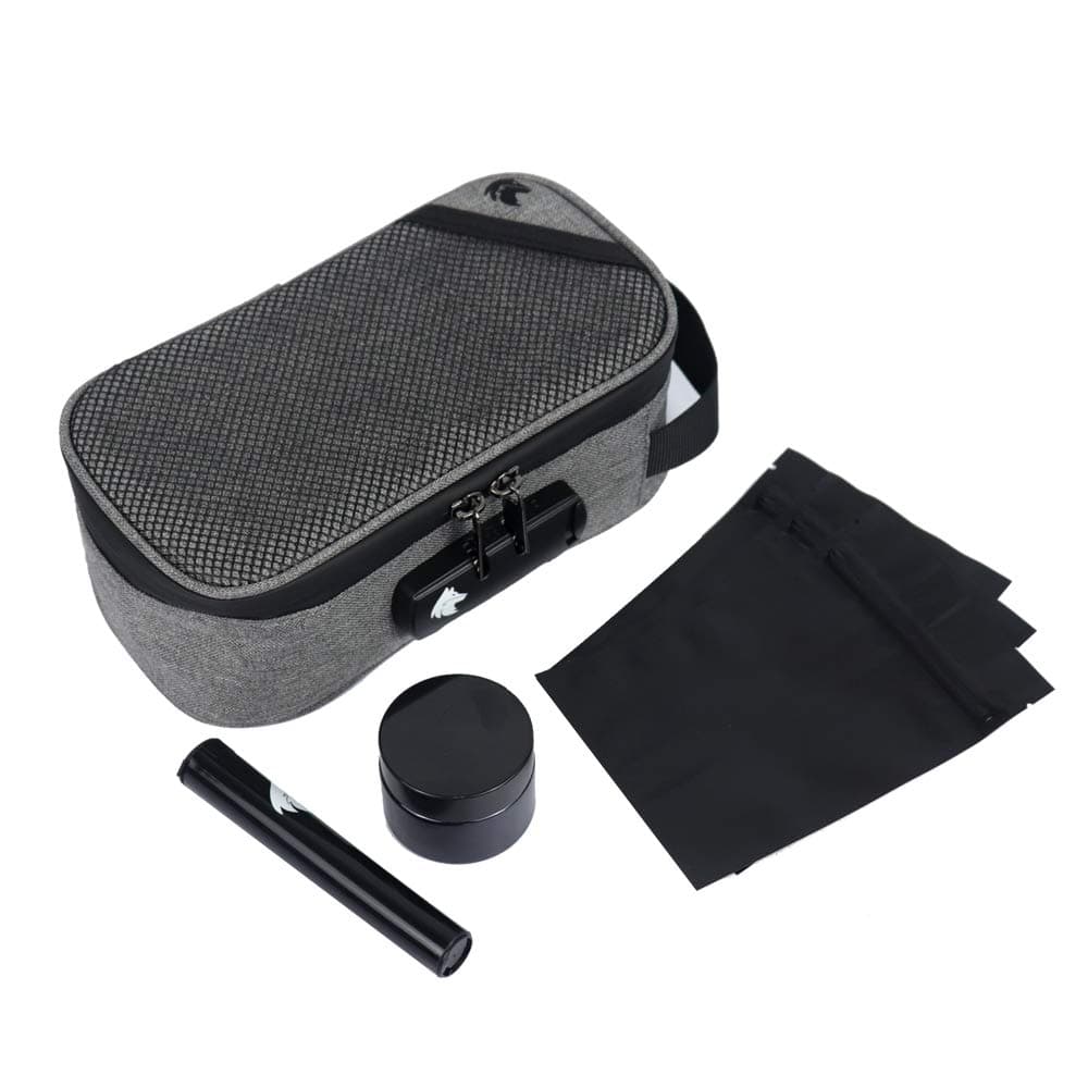 Upgraded Smell Proof Bag | 6 Piece Durable Waterproof Smell Proof Bag Includes A Combination Lock, 3 Smell Proof Bags, 50 Gram UV Blocking Herb Glass Container & Doob Tube (Grey)