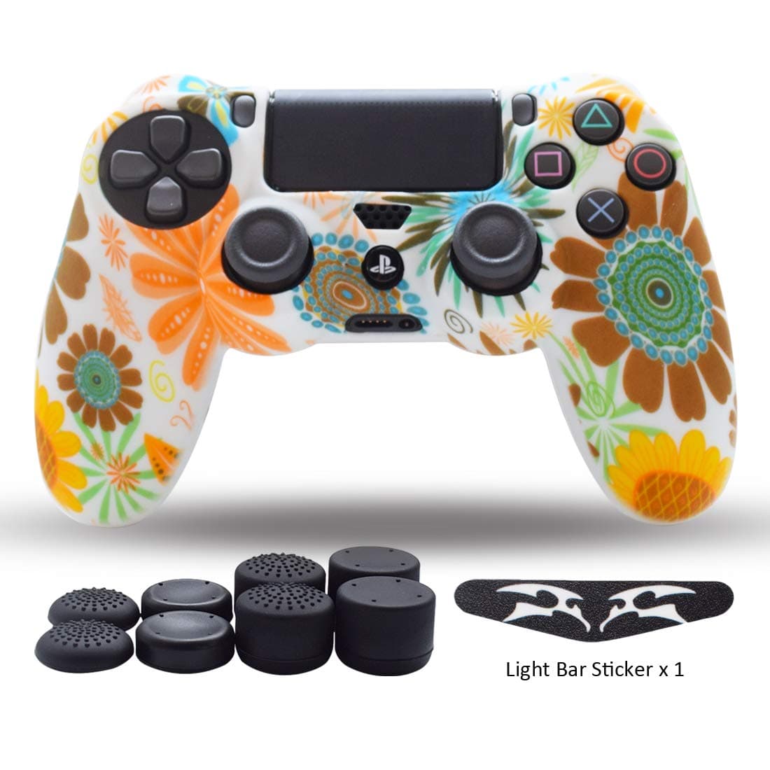 PS4 Controller Skin,Silicone Grips for Playstation 4 PS4/Slim/Pro Controller Anti Slip Cover Case Protector for Dual Shock 4 Controller - One Light Bar Sticker - 8pcs Pro Thumb Grips-Yellow Flower