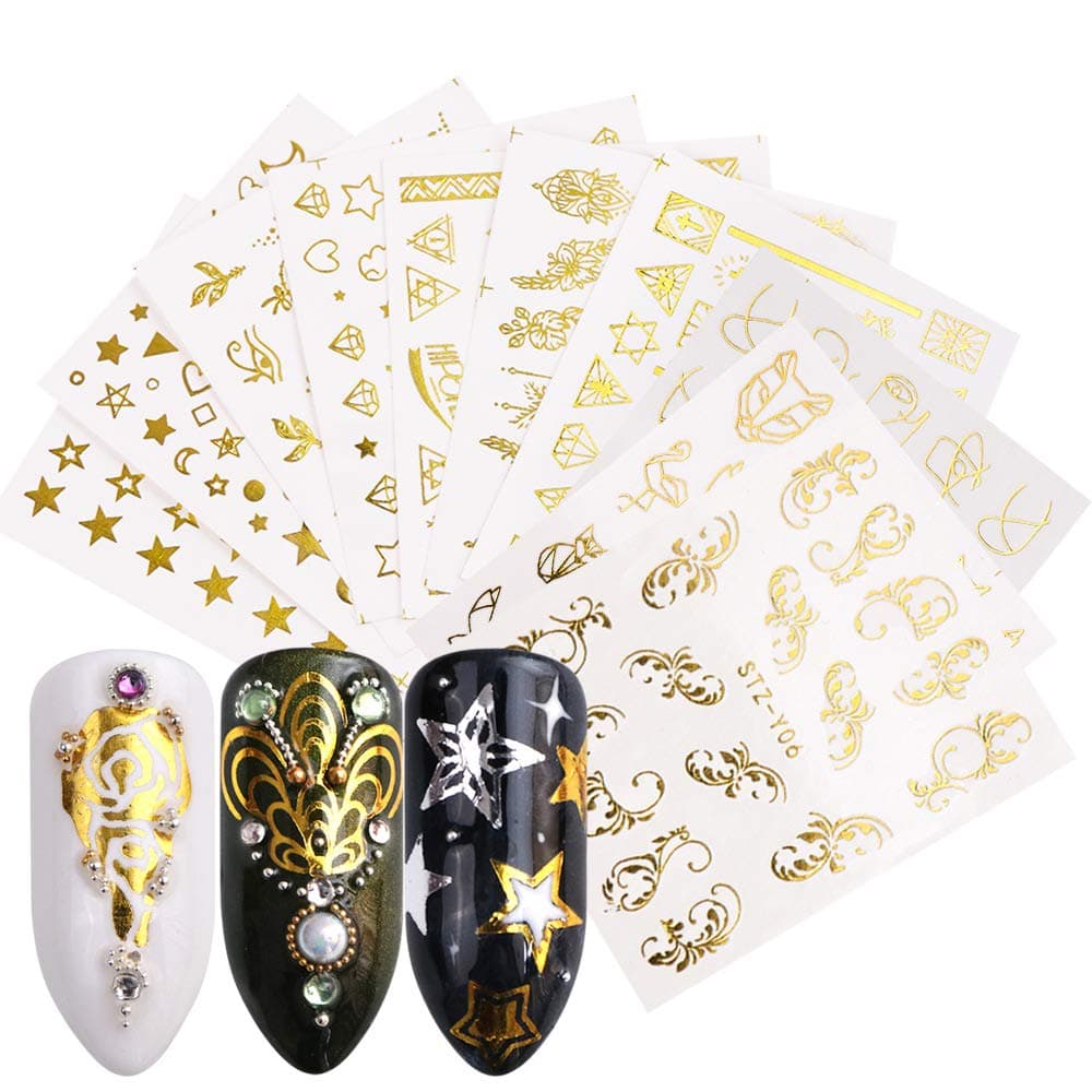 Hanzel Gold Nail Art Water Transfer Stickers - 20Pcs Mixed Pattern Metallic Nail Stickers Manicure DIY Nail Decals, Animals Butterfly Lace Moon Star Art Design Nail Decorations