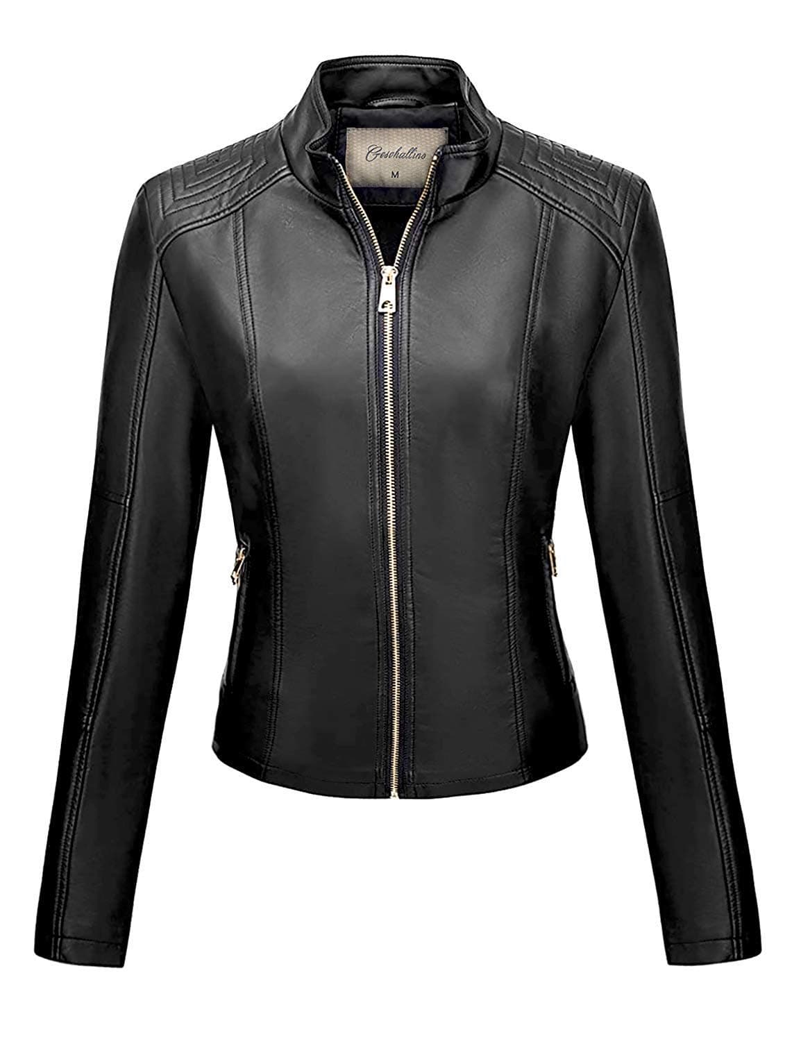 Women's PU Leather Jacket, Moto Biker Jacket with Zip Pockets, Vintage Short Coat for Autumn, Spring
