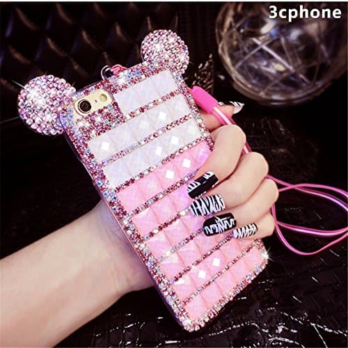 Bling iPhone 7 Plus Diamond Case With Chain,Chanyaozy[DIY][Glitter]Luxury Diamond Mouse Ears Soft Rubber Case (Pink)