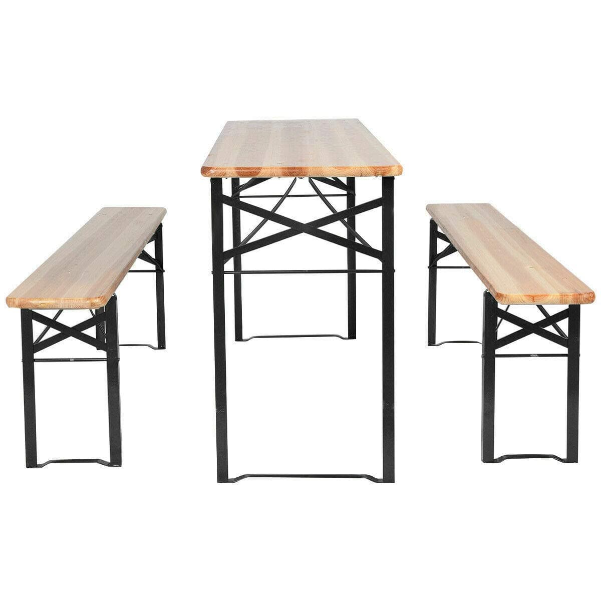 3Pieces Foldable Picnic Camping Table Set Rectangle Desk 2-Armless Bench Chair Wood Top with Ebook