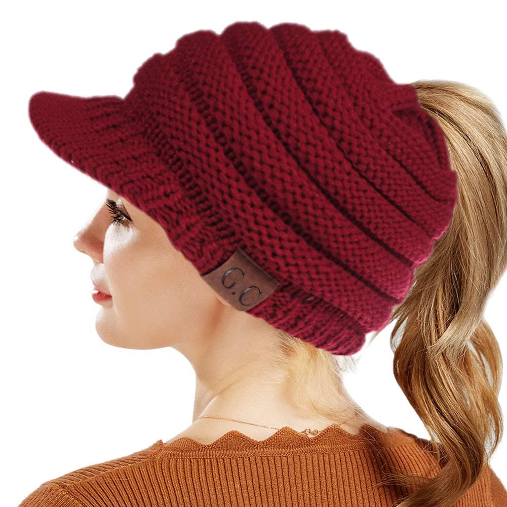 BeanieTail Warm Knit Messy High Bun Ponytail Visor Beanie Cap (Dark Red)