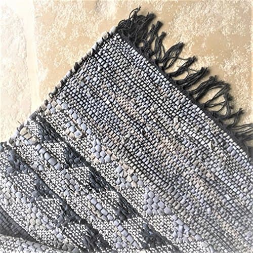Tutti Decor Chevron Black and Grey Leather Rag Rug Mat with tassel fringe, durable and hardweraing 90 x 60cm
