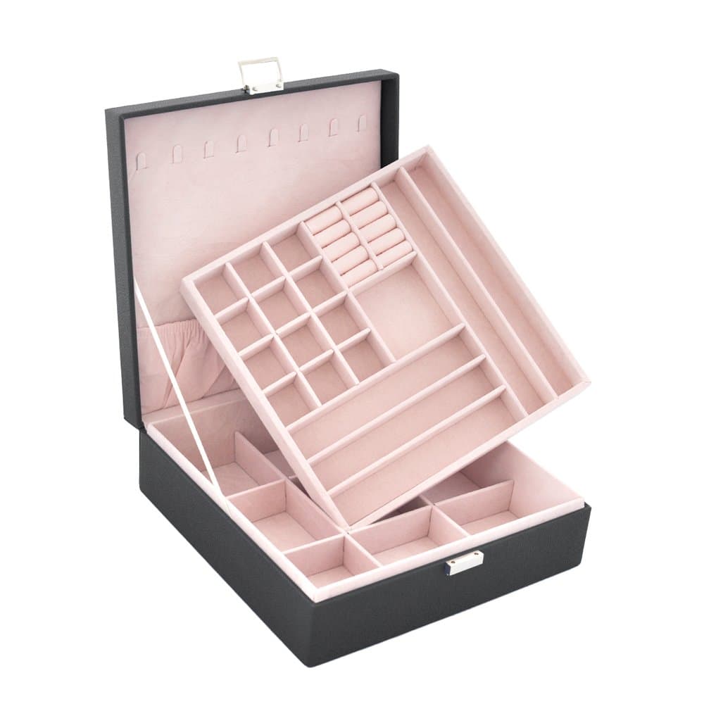 NirongLavie Leather 2-layer Jewellery Organiser Boxes with Lock (Black)