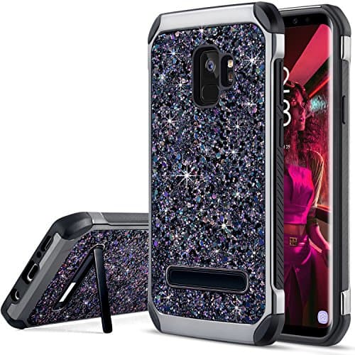 UARMOR Case for Samsung Galaxy S9, Glitter Bling Shockproof Dirtproof 2 in 1 Slim Hybrid TPU Bumper Hard Chrome Sparkle Shiny Faux Leather Cases with Kickstand Soft Silicone Inner Cover, Black