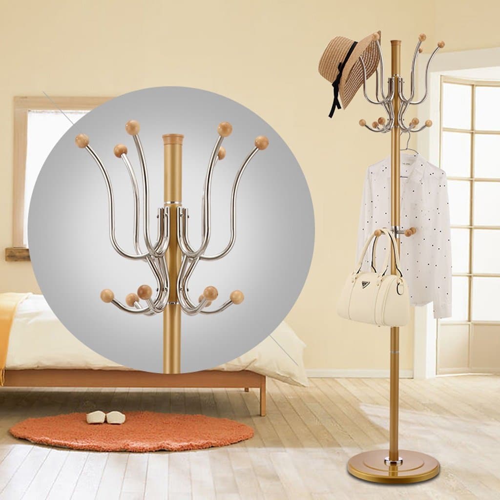 Coat racks SKC Lighting Easy Landing Stainless Steel Hook Silver Hook Wood Ball Aluminum Alloy Column Rubber Base Hanger (Color : Gold)