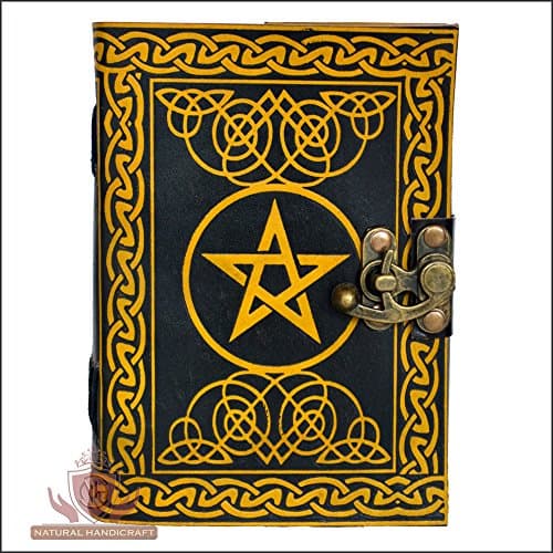 Handmade Leather Journal Pentagram Embossed Pentacle Wicca Pagan Notebook Personal Organizer Diary Office Supplies Daily Planner 5(L) x 7(H) Inches (Small 5(L) x 7(H) Inches, Yellow &amp; Black, 1)