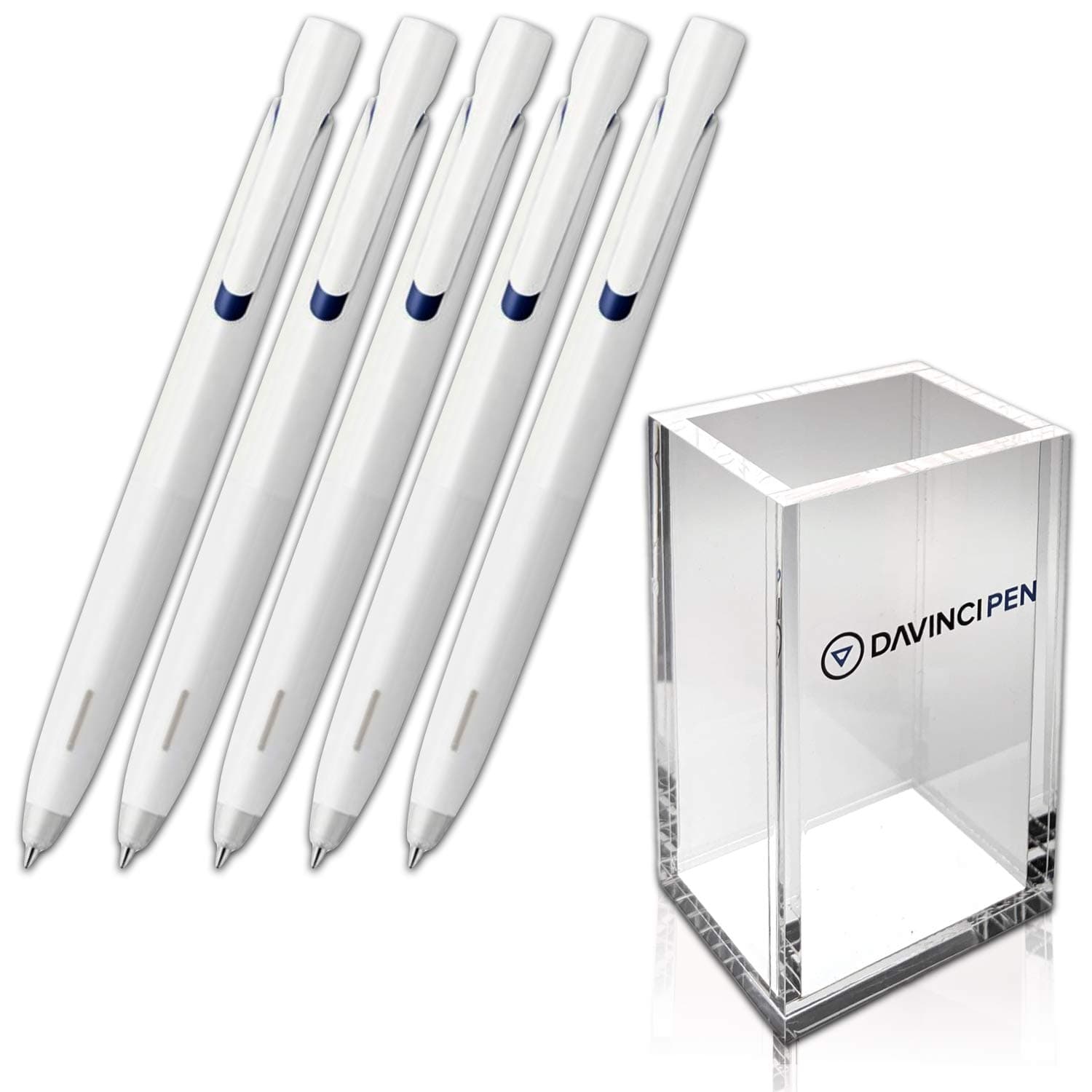 Emulsion ballpoint pen White body 0.5mm (blue ink) pack of 5 with DAVINCIPEN Acrylic Pen Holder clear
