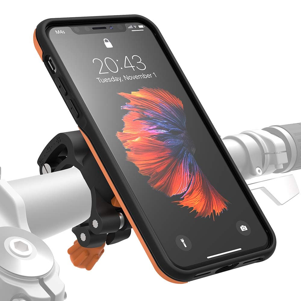 MORPHEUS LABS M4s iPhone XR Bike Mount for iPhone XR, Phone Holder & iPhone XR Case, Bicycle Cell Phone Holder, Adjustable, fits Most Handlebars, 360 Rotation Stand, Bike Kit for iPhone XR [Orange]