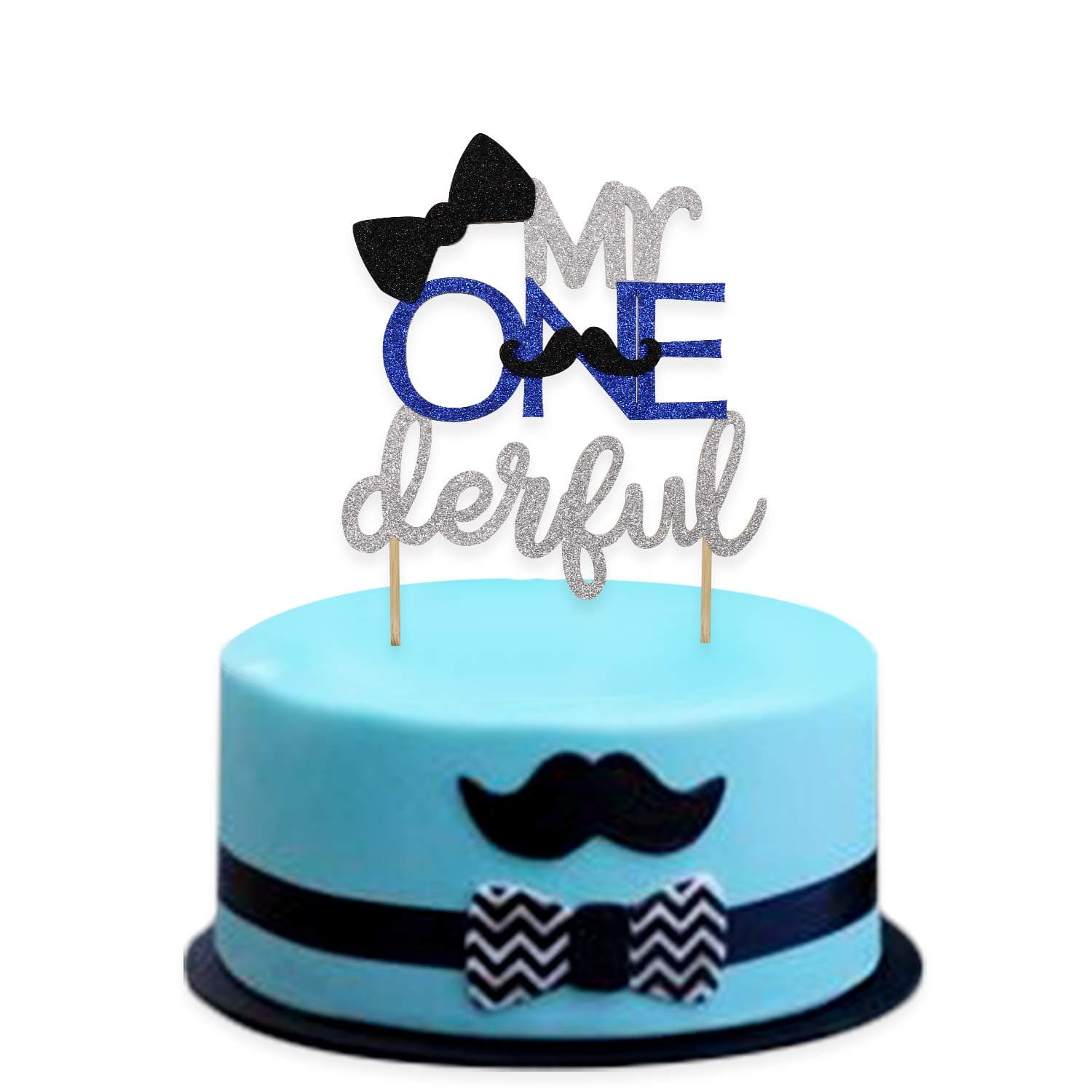 1st First Birthday Cake Topper Decoration - Mr ONEderful -Double Sided Glitter (Silver)