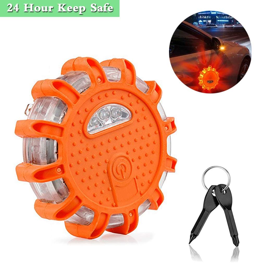 LED Road Flare Roadside Amber Safety Beacon Emergency Disc Strobe Warning Lights Waterproof with 9 kinds of Powerful Flashing Lights Magnetic Base for Car Truck Boat,with keychain screwdriver