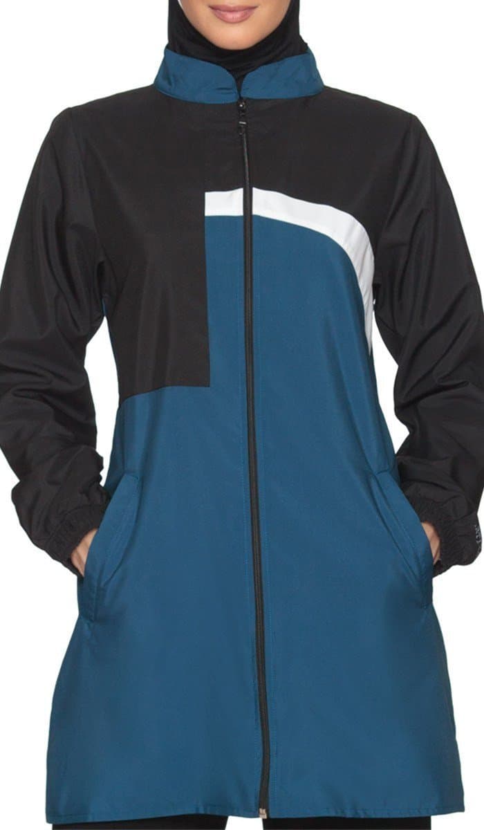 Womens Modest Long Lightweight Sport Track Running Athletic Active Jacket - Blue/Black