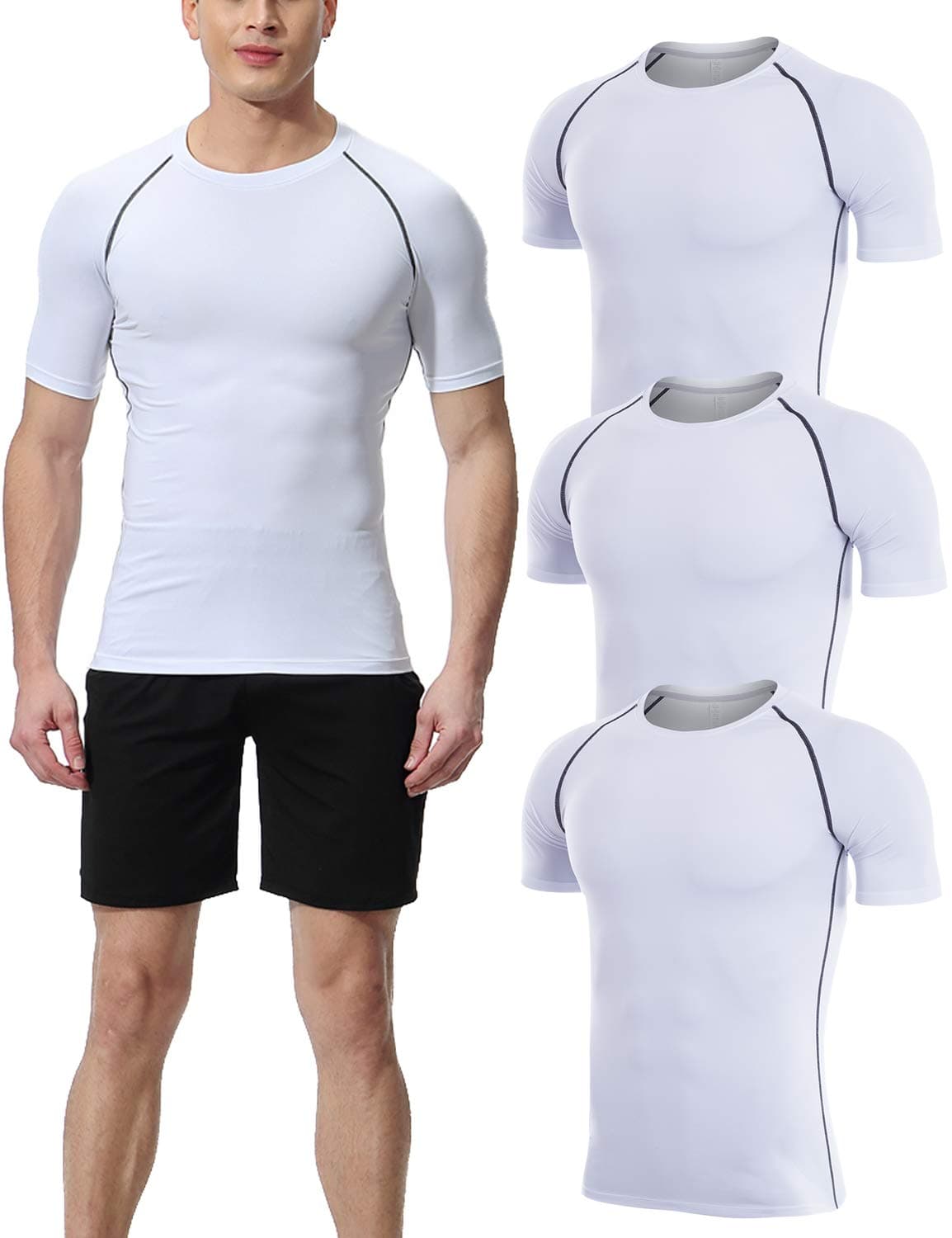 Men's 3 Pack Compression Shirts Dri Fit Short-Sleeve Crewneck Workout T-Shirts (3501 White,Small)