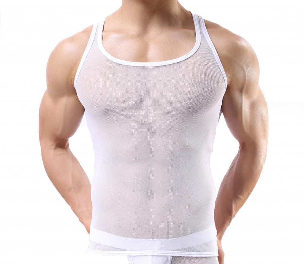 OUYE Men's Mesh See-Through Tank Top Vest Medium White
