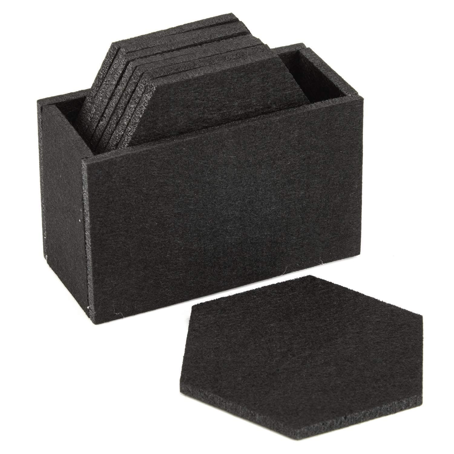 Felt Drink Coaster Set with Holder, Set of 8 Drinks Absorbent Coasters for Glasses, Premium Cup Mats for Beverage, Protect Furniture from Heat, Stain, Scratches (Black, Hexagon)
