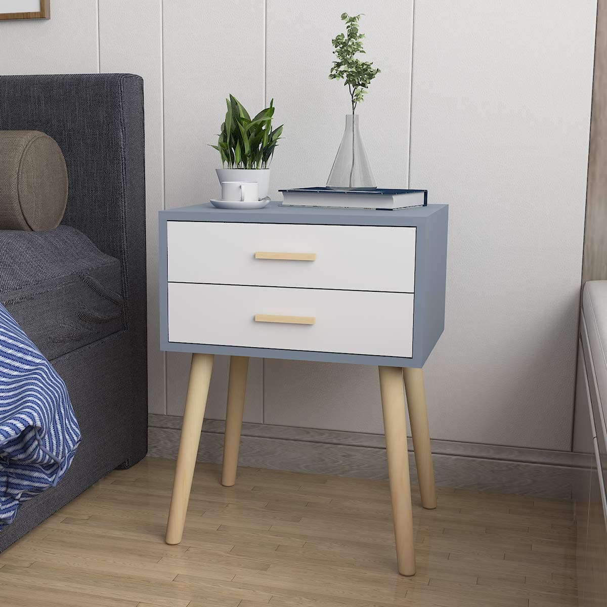 Vanimeu Wooden Bedside Table Night Stand Bedside Cabinets Side Table Bedroom Furniture (2 Drawer)