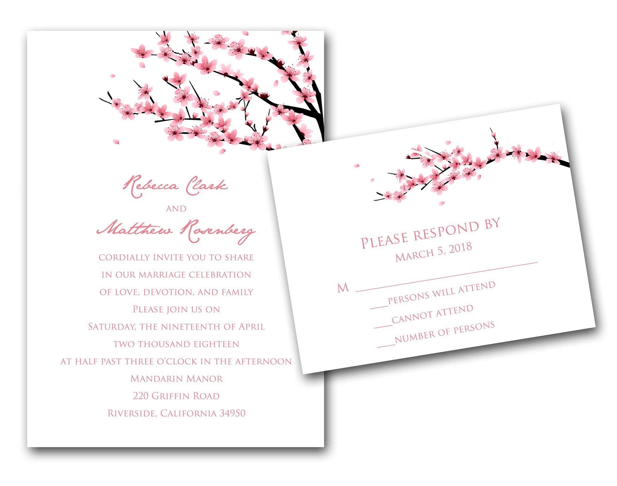 Cherry Bloosm Wedding Invitations - Set of 20
