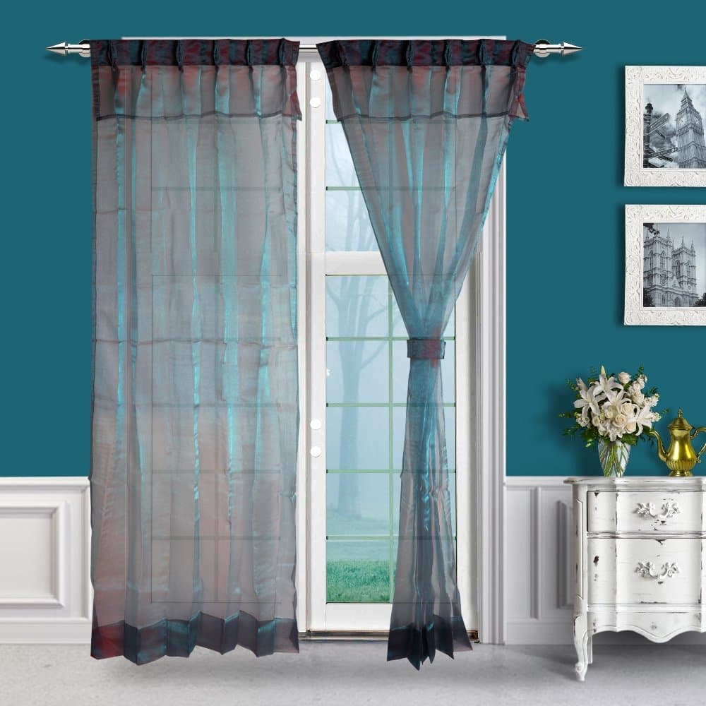 Just Linen Polyester Pair of Blue and Red 2 Tone Pleated Sheer Curtains with Skirt