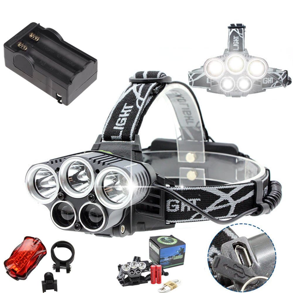 Rayma 5 LED Headlamp 3 CREE XM-L T6 And 2 Q5 white lamps Headlight 15000 lumens LED Headlamp Camp Hike Emergency Light Fishing Outdoor +2x18650 Rechargeable Battery+US 2pcs Plug Charger+Rear light