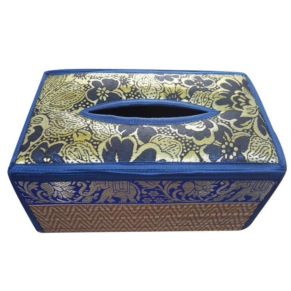 Handmade Tissue Box Holder Fancy Color Reed Rectangular Cover with Silk Design Flower