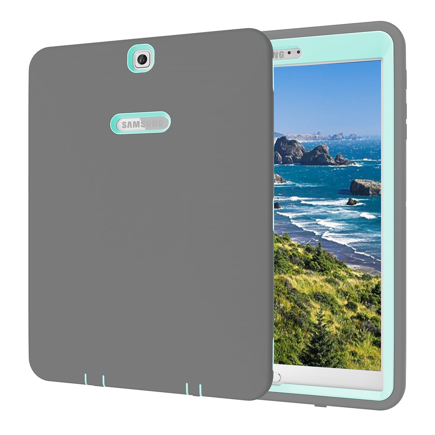 Mupoo Galaxy Tab S2 9.7 Case, Heavy Duty Rugged Shockproof Hybrid Silicone Case Cover for Samsung Galaxy Tab S2 9.7" Tablet 2015 Release (Grey/Mint Green)