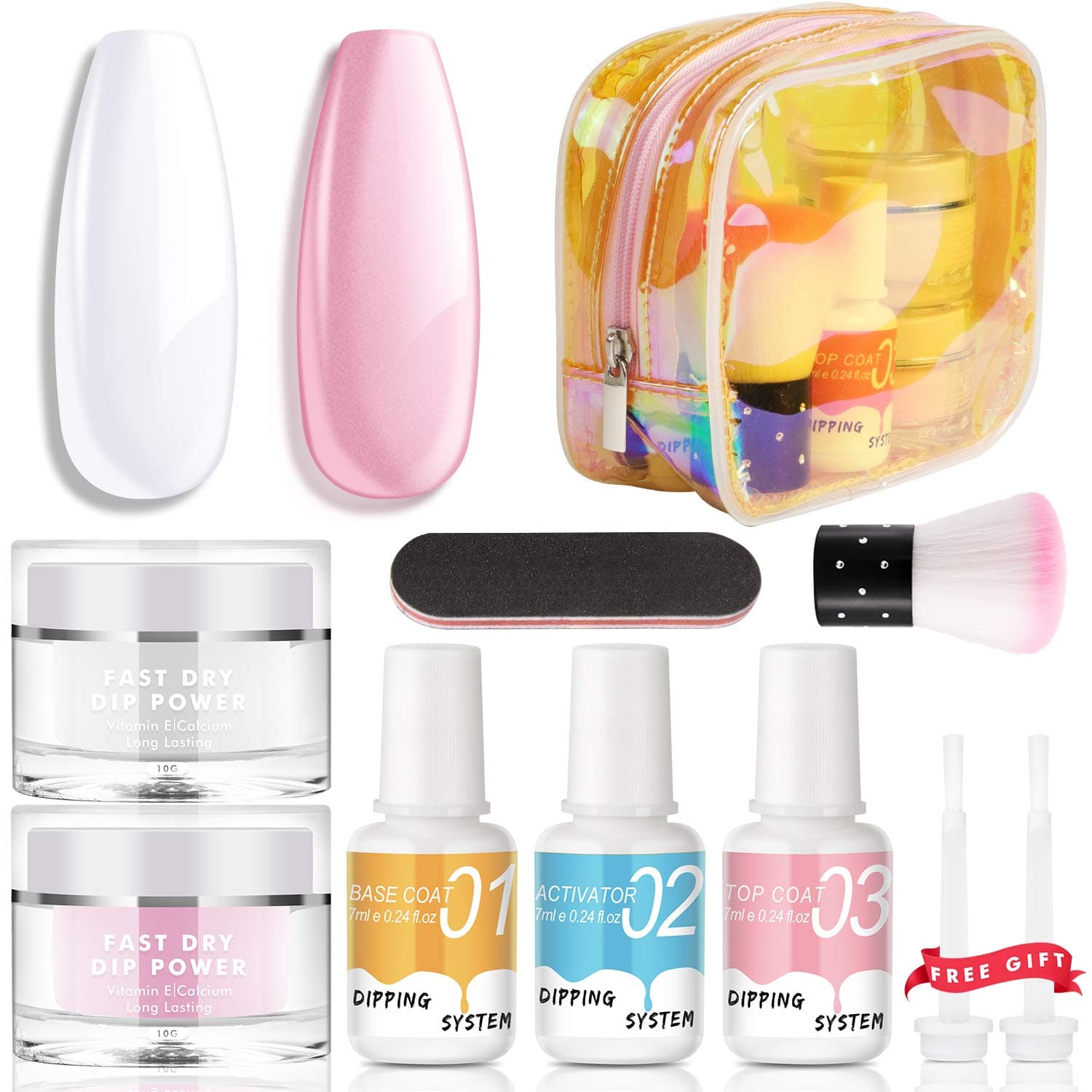 Dip Nail Powder Starter Kit - 1s Fast Dry 2 Colors Nail Dipping Powder System Dip Powder Nail Kit Acrylic Dip Powder INFELING French Nail Manicure Nail Art No UV/LED Lamp Needed Essential Kit with Bag