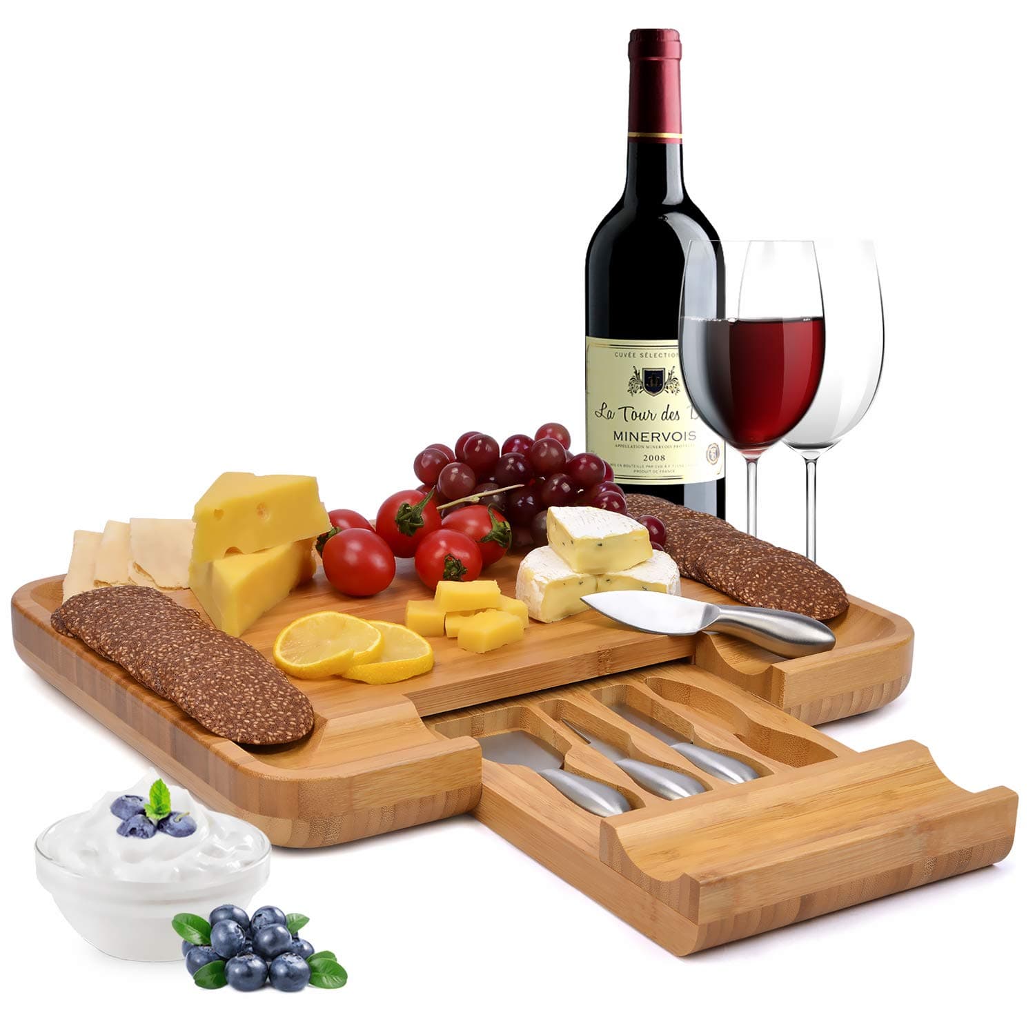 WoneNice Bamboo Cheese Board Set with Slide-Out Drawer and 4 Stainless Steel Cheese Knife, 16X13 inches Extra Spaces Serving Board, Gifts for Christmas, Wedding and Anniversary