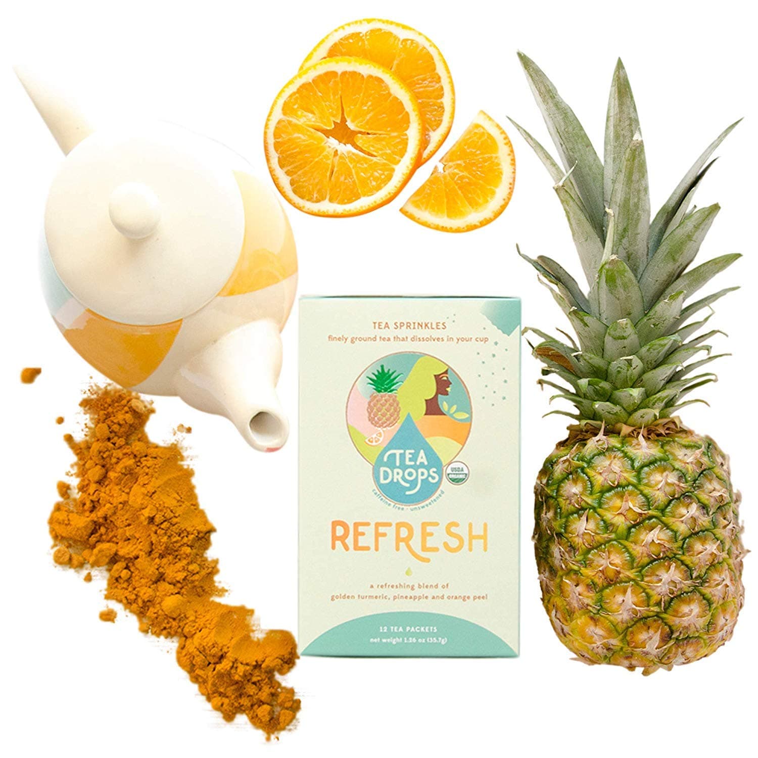 Immunity Support Tea | REFRESH Tea Sprinkles Organic Tea Powder | Loose Leaf Tea Blend of Turmeric, Pineapple & Orange | Antioxidants Help Detox the Liver & Relieve Migraines & Hangovers | 12-Pack