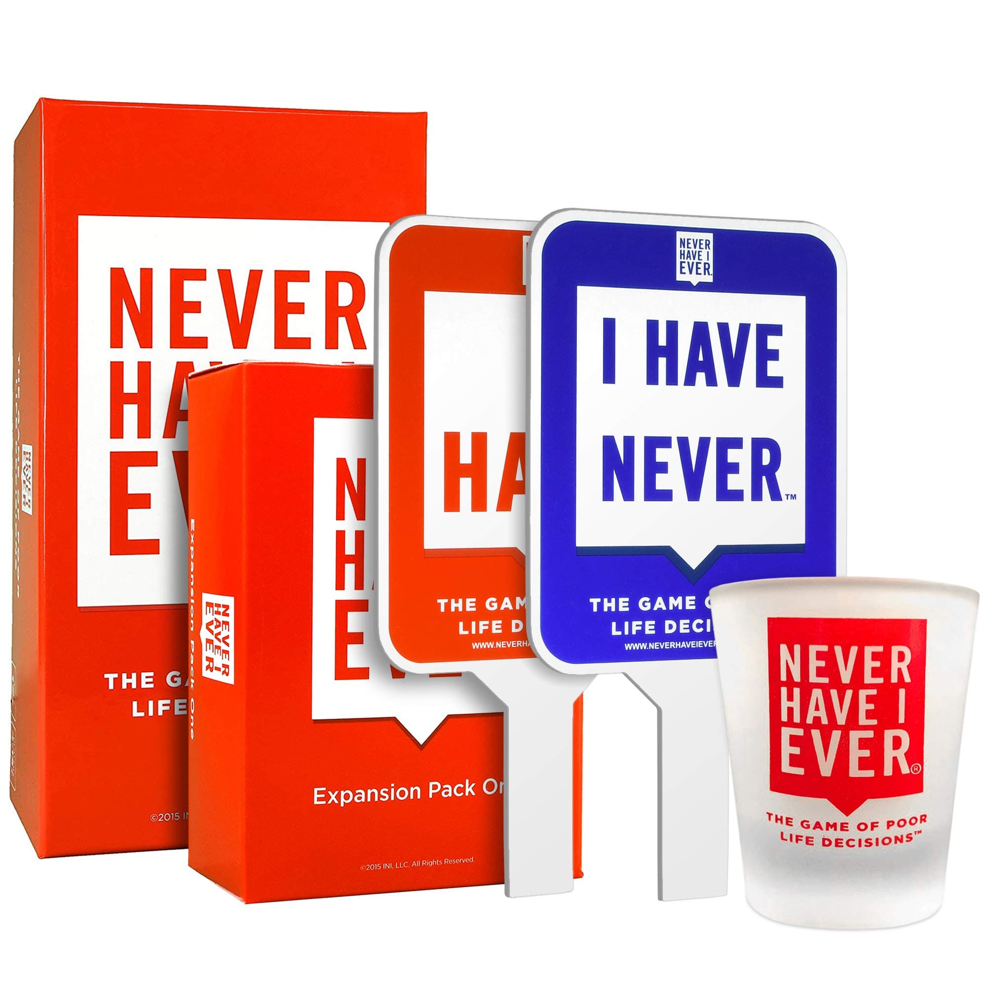 Never Have I Ever Party Pack 4: Original Game, Expansion Pack one, Paddles and a Custom Shot Glass