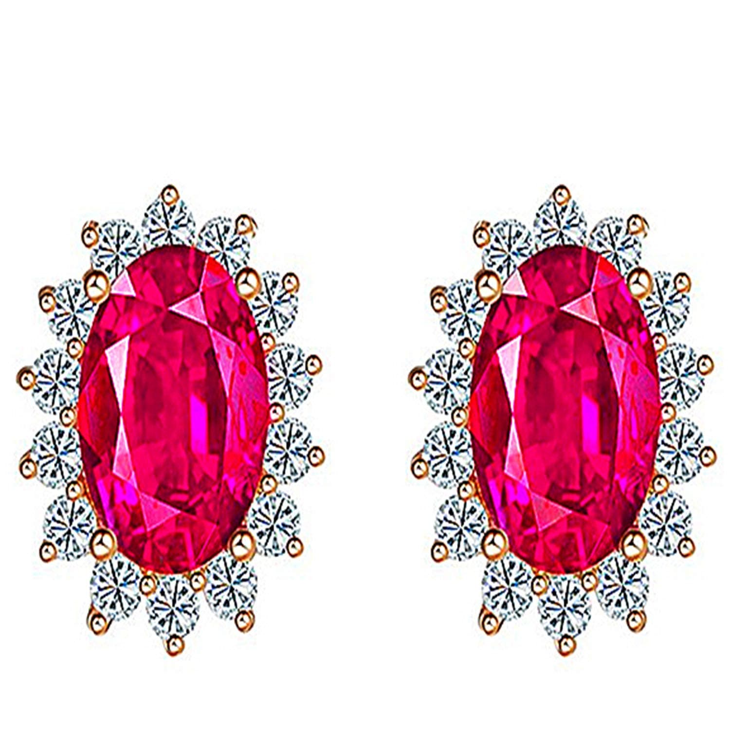 Rhodium Plated Sterling Silver Red Gemstone & Created White Sapphire Halo Oval Stud Earrings for Women Girls