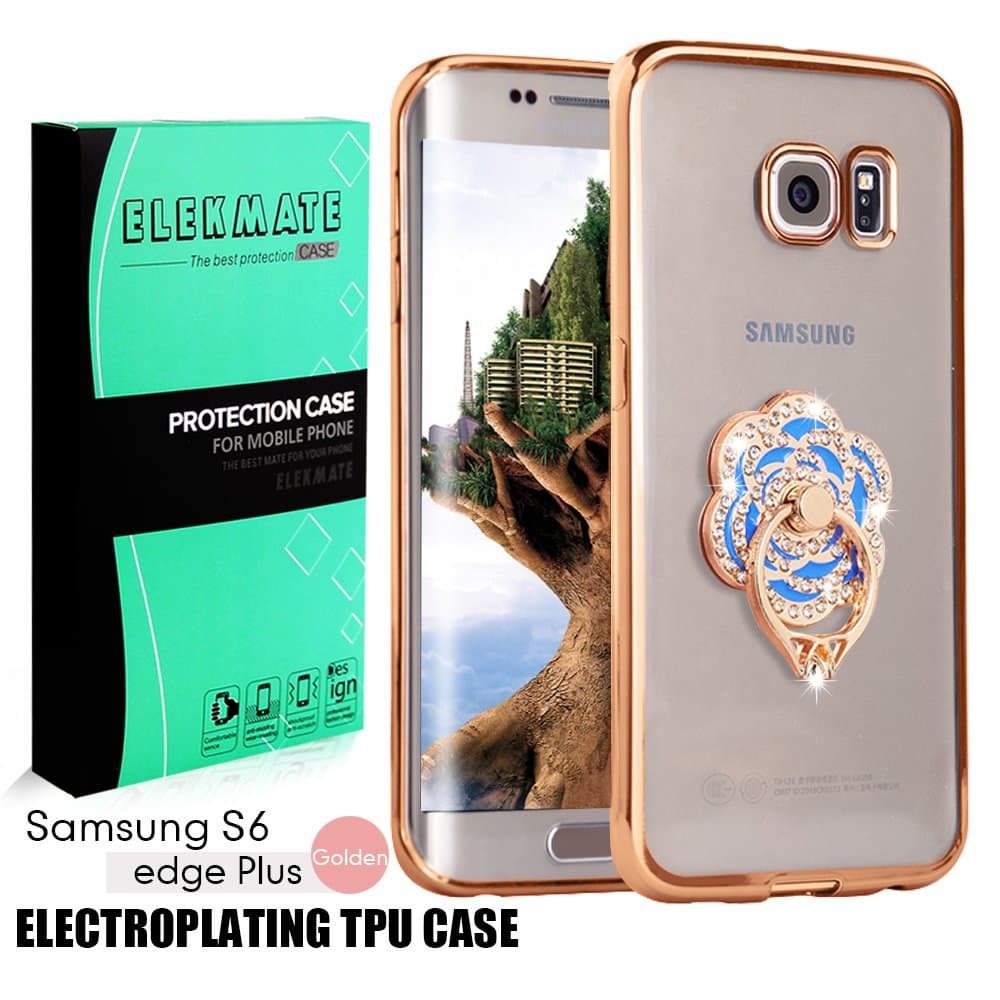 [Ring Buckles + Electroplate Frame TPU] Samsung Galaxy S6 Edge+ / S6 Edge Plus Clear Case, ELEKMATE Ultra Thin Protective Back Cover Case for S6 Edge+ / S6 Edge Plus [CZ Diamond] (Gold+Blue Flower)