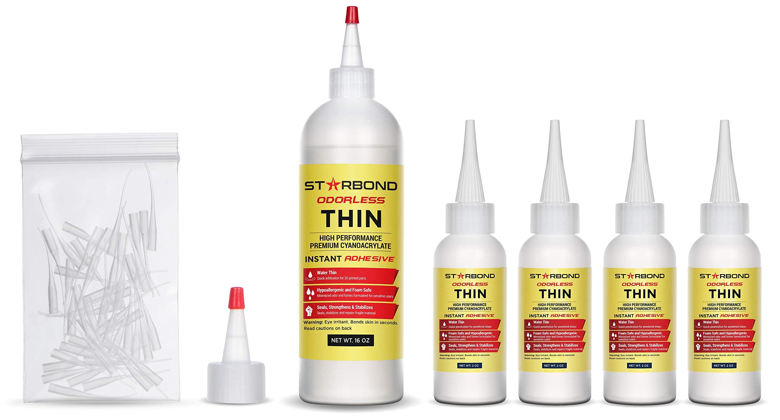 STARBONDN/O-05 Odorless Thin, Premium CA Super Glue - Foam Safe INFILTRANT Plus Extra Bottles, Caps, and Microtips, 16 oz. (Bulk Size) (for 3D Printing, Woodturning, Hobby)