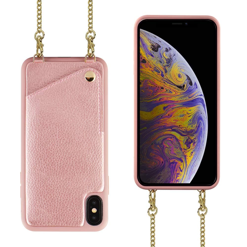 iPhone Xr Wallet Case,iPhone Xr Leather Wallet Case,JLFCH Leather Case with Card Holder,Cell Phone Case with Chain,Protective Case for iPhone Xr,6.1 inch,Rose Gold
