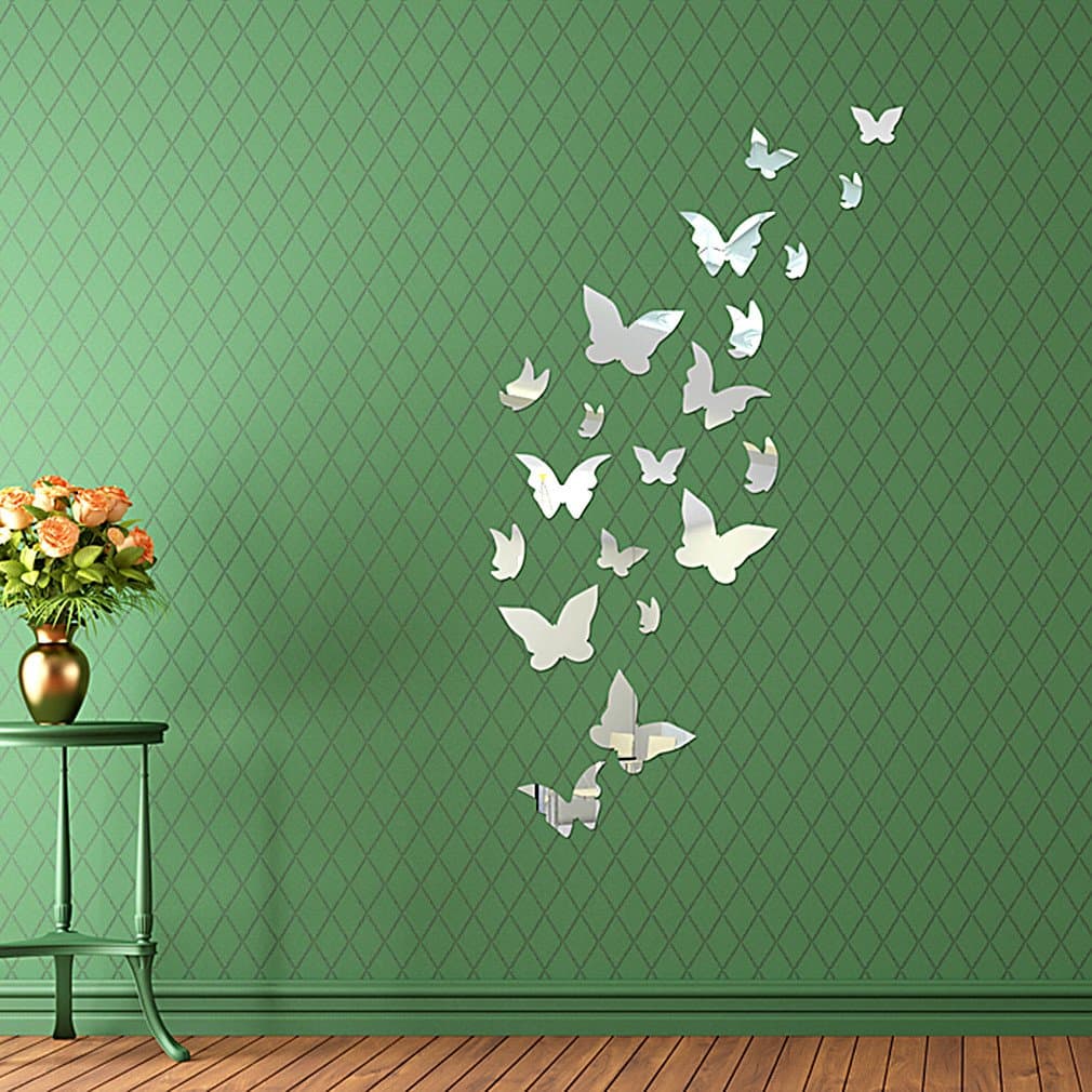 DIY - Do It Yourself New Wall Mirror Stickers, Butterflies, Made of Acrylic Material Like Mirror, Modern Design for Home Living Room Bedroom Kitchen Baby Child Novelty Luxury Crystal Wall Silent Watch Extra Large Clocks, Silver
