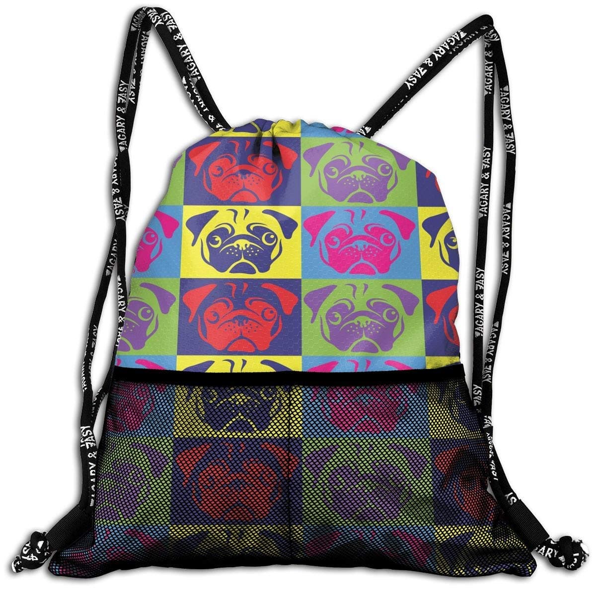 Personalized Colorful Pug Drawstring Sports Nackpack With Mesh Pocket Cinch Bags