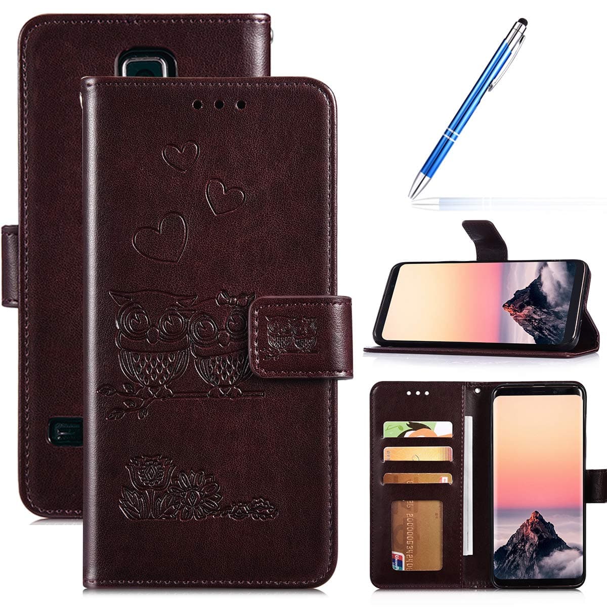 Robinsoni Case Compatible with Samsung Galaxy S5 Phone Case Wallet Galaxy S5 PU Leather Cover Shockproof Kickstand Case Flip Notebook Style Phone Cover Heavy Duty Case Hard Case Owl Printed Brown