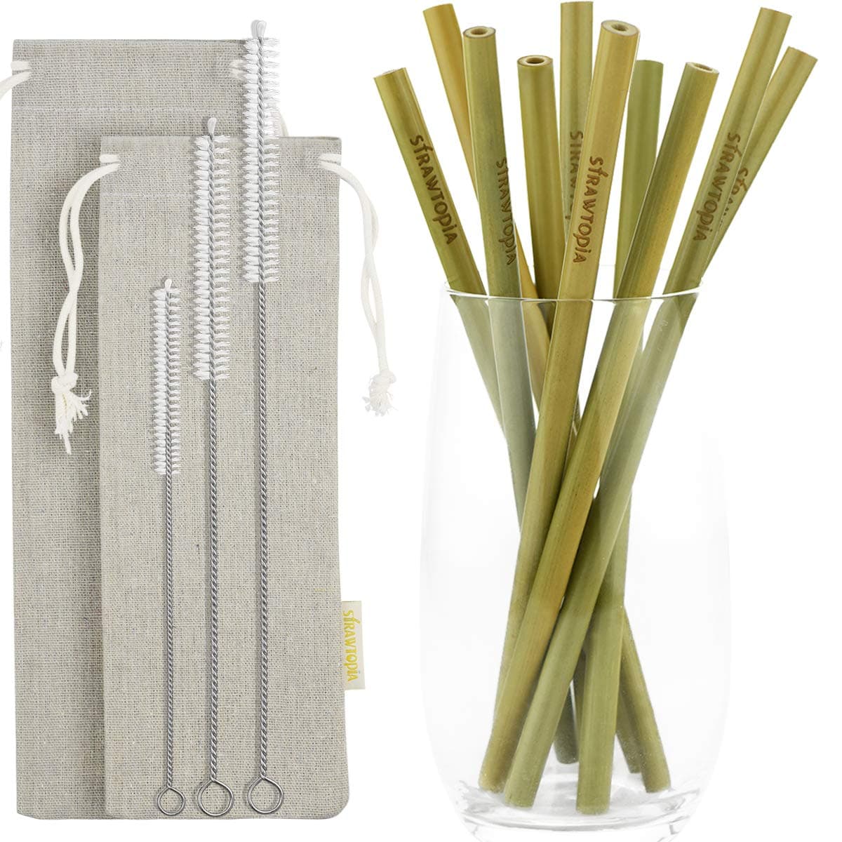 STRAWTOPIA Green Bamboo Straws Reusable with Case (10 Pack) Natural Organic Straws for Drinking, Cleaning Brushes, Dishwasher Safe (Short/Long)