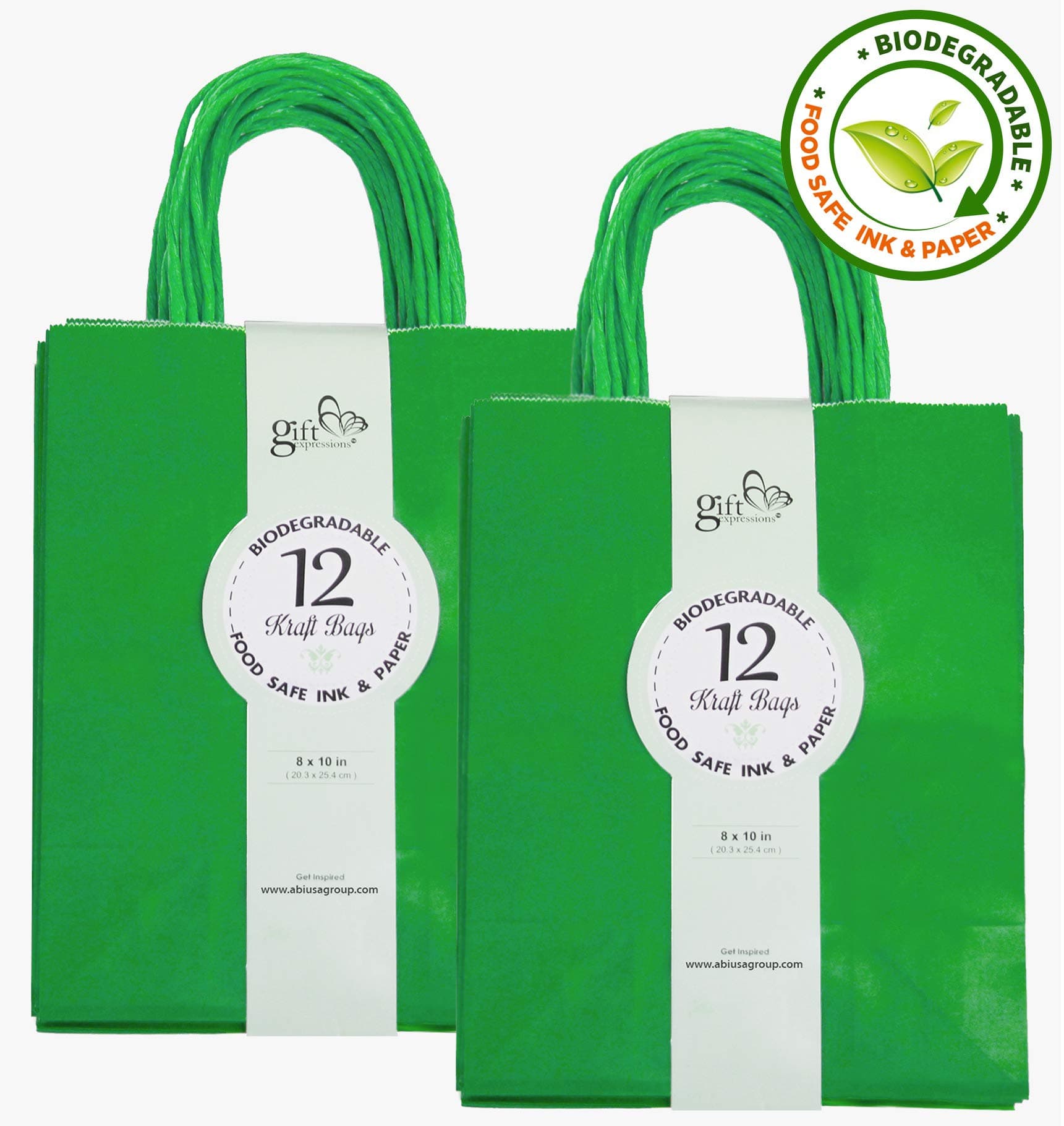 GIFT EXPRESSIONS 24CT Medium Green Biodegradable, Food Safe Ink & Paper, Premium Quality Paper (Sturdy & Thicker), Kraft Bag with Colored Sturdy Handles (Medium, Green)