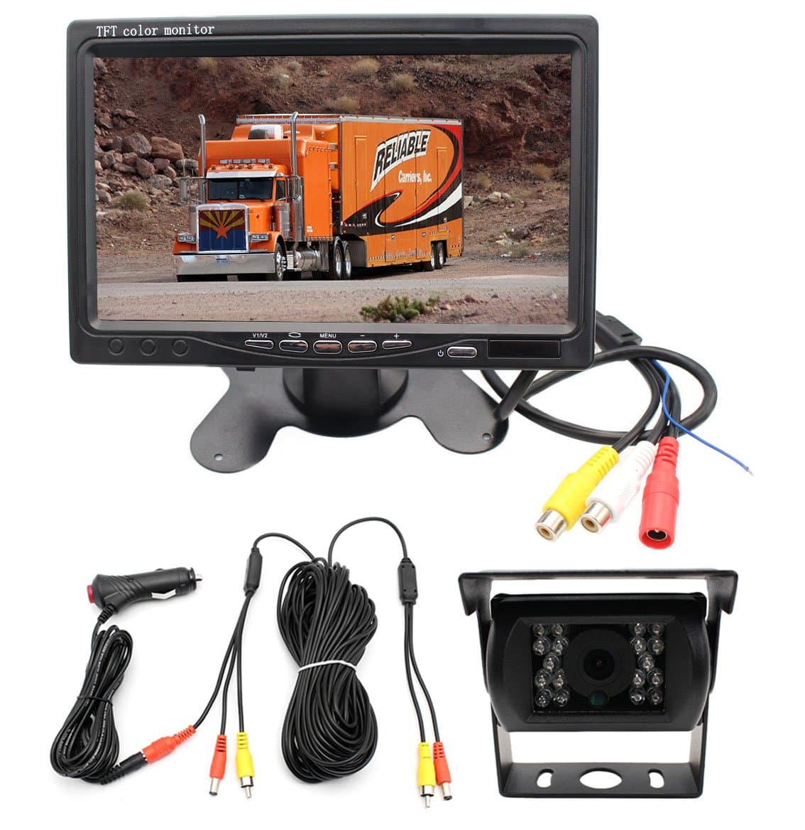 Integrated Installation Vehicle Wired Backup Camera and 7" Rear View TFT LCD Color Monitor Kit for Bus/Van / Caravan/Trailer / Truck/RV / Camper/Farm Machine/Motorhomee