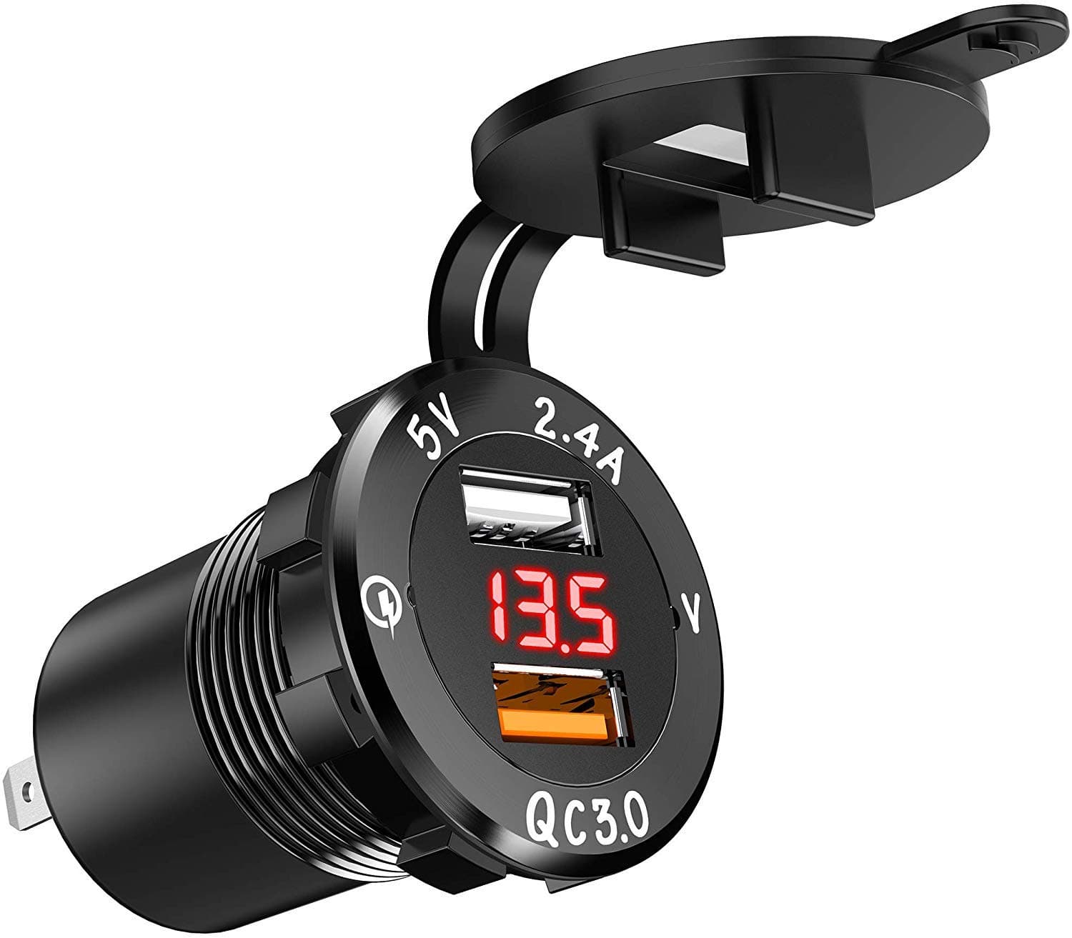 ShinePick Car Charger, Quick Charge 3.0 USB Charger Socket & 2.4A USB Port IP66 Waterproof Dual USB Power Outlet with Voltmeter for Car Boat Marine Rv Motorcycle(Black)